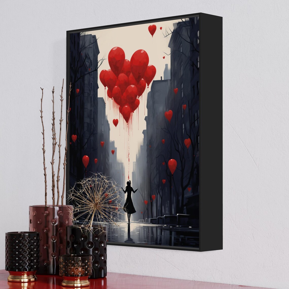 Silhouette Woman Red Heart Balloons Rainy City Street Poster - Image 7