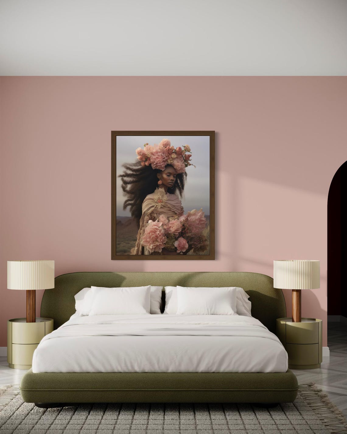 Black Woman With Pink Flower Crown Holding Bouquet Afro Art Print - Image 2