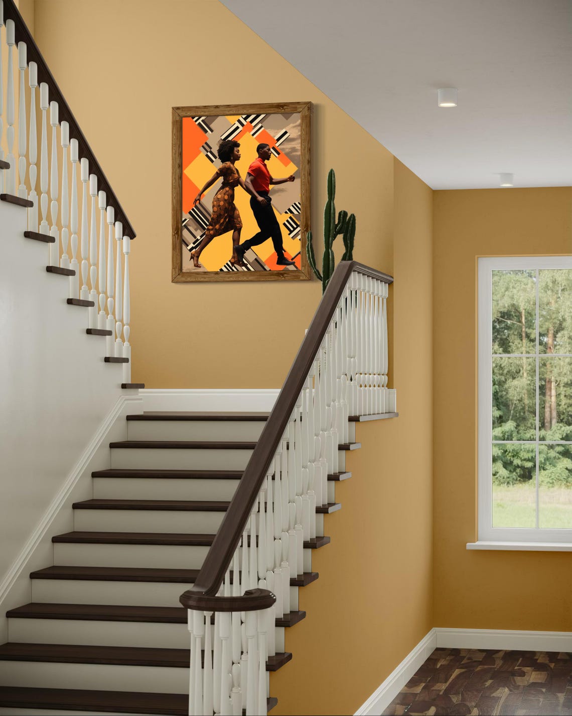 Afro Couple Walking Geometric Orange Retro Background Art Print - Image 7