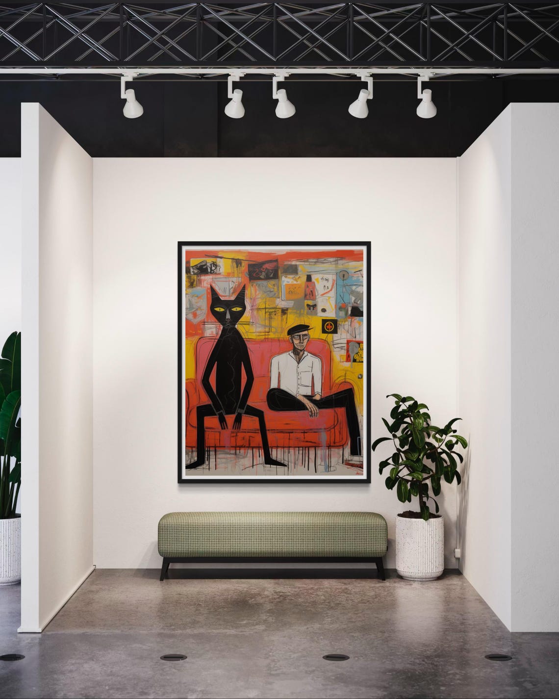 Man And Black Cat On Red Sofa Graffiti Abstract Urban Art Poster - Image 3