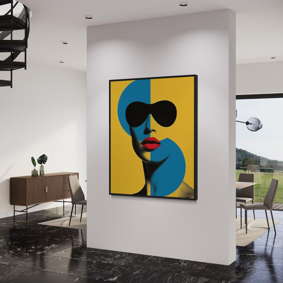Pop Art Woman Face With Yellow Blue Split and Red Lips Art Poster - Image 3