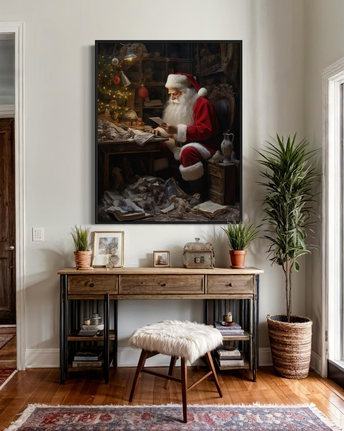 Vintage Santa Claus Reading Letters Cozy Christmas Workshop Art Print - Image 5