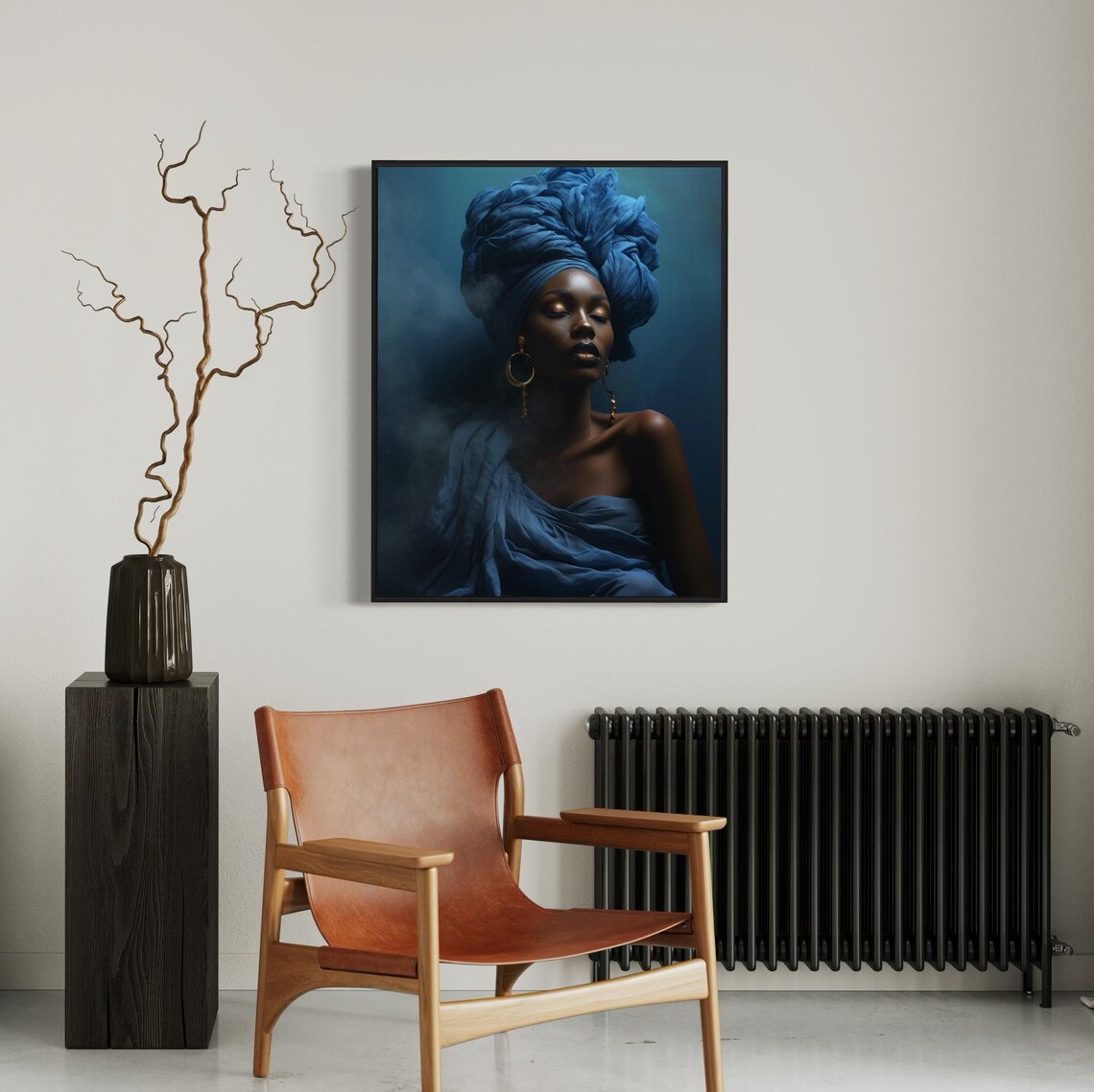 Serene Black Woman in Blue Headwrap With Gold Hoop Earrings Poster - Image 5