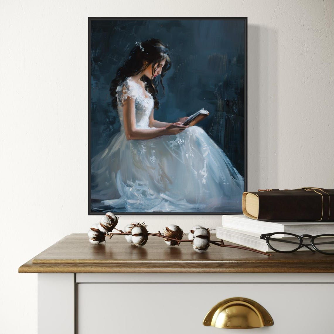 Victorian Woman in White Gown Reading Book Dark Academia Poster - Image 5