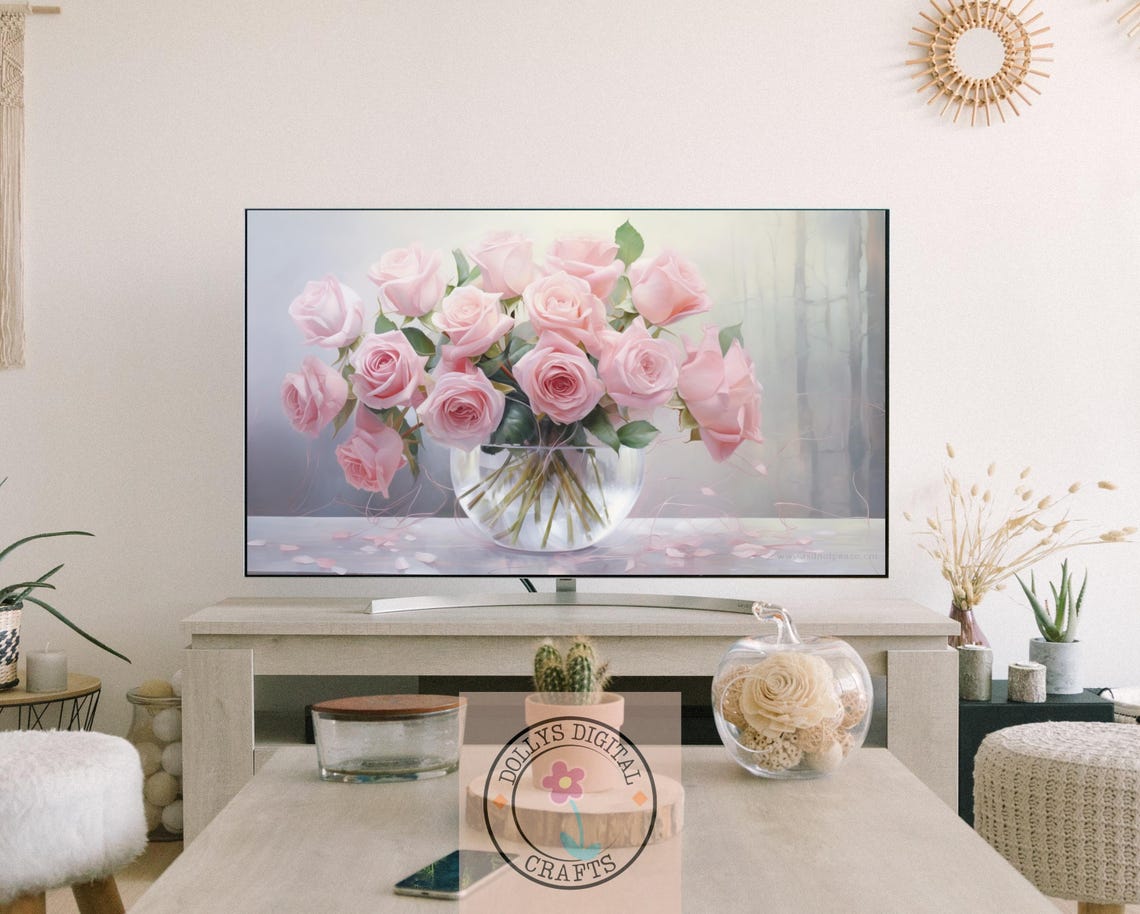 Pink Roses Glass Vase Soft Floral Bouquet Light Airy Poster Home Decor - Image 3