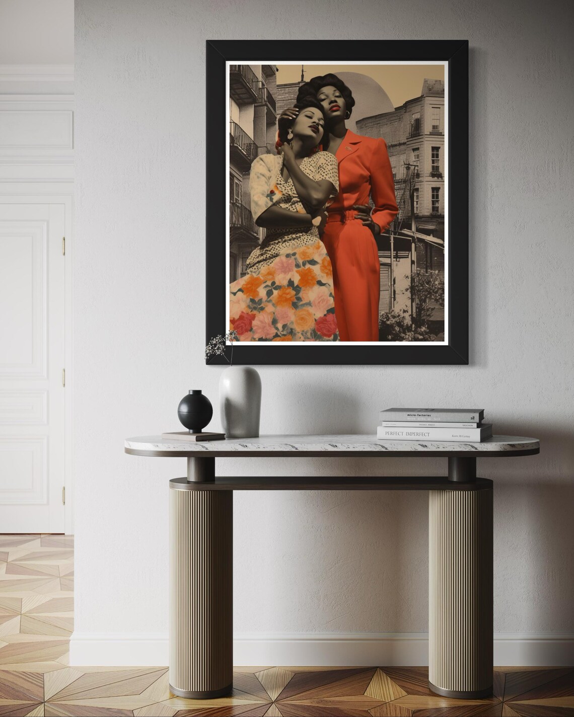 Vintage Black Women Embrace City Collage Nostalgic Art Poster - Image 2