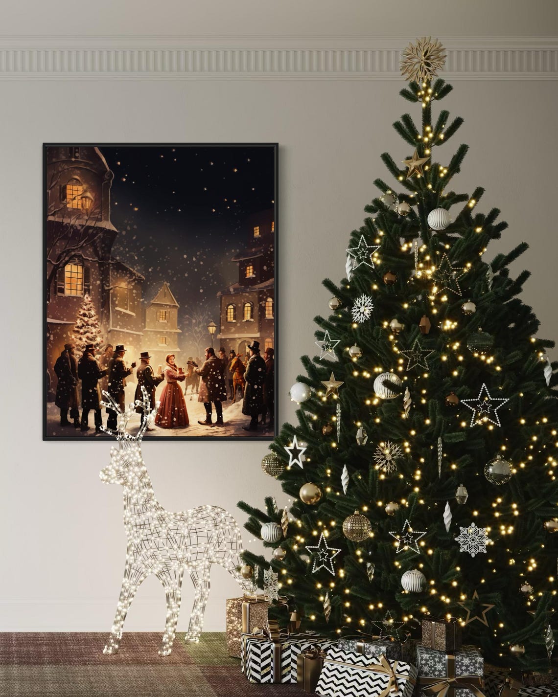 Victorian Christmas Carolers Snowy Village Night Nostalgic Wall Poster