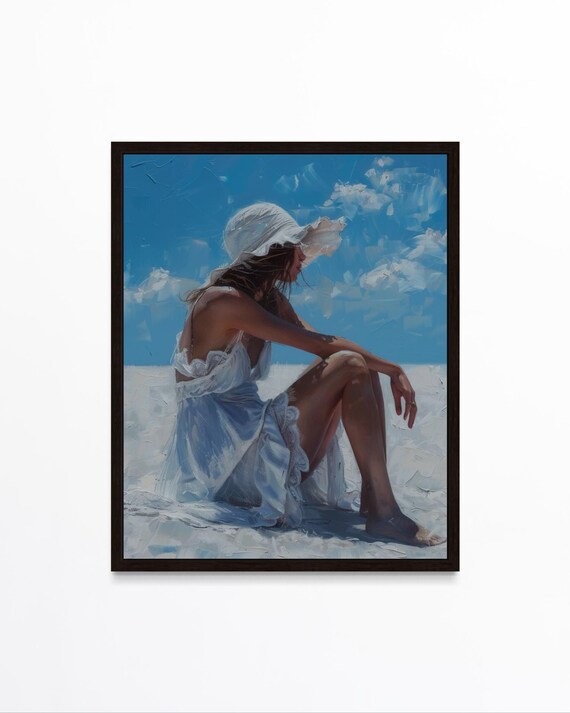 Elegant Woman Beach White Dress Sun Hat Summer Ocean Art Poster