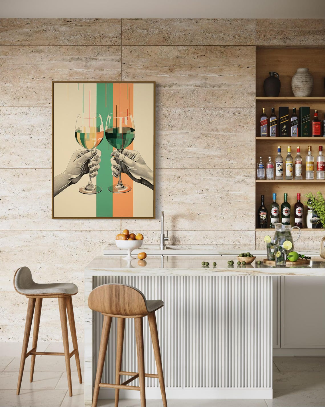 Cheers Wine Glasses Raised Toast Retro Striped Bar Decor Poster - Image 4