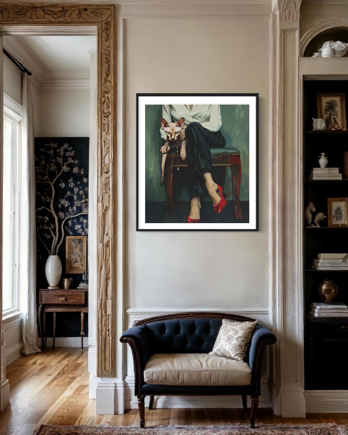 Elegant Woman Red Heels Sphynx Cat Modern Glam Portrait Art Print - Image 2