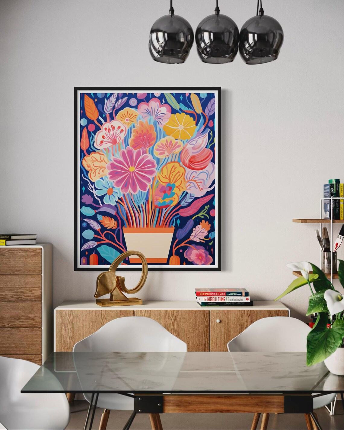 Colorful Flower Bouquet In Pot On Navy Blue Botanical Art Print