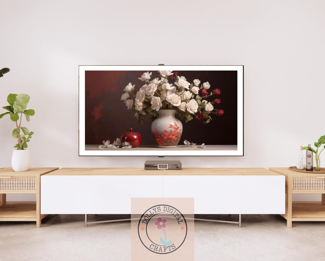 White Red Roses Painted Vase Still Life Dark Romantic Poster - Image 2