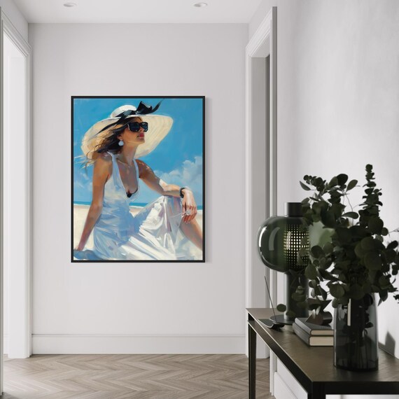 Elegant Woman in White Dress and Straw Hat on Beach Art Poster