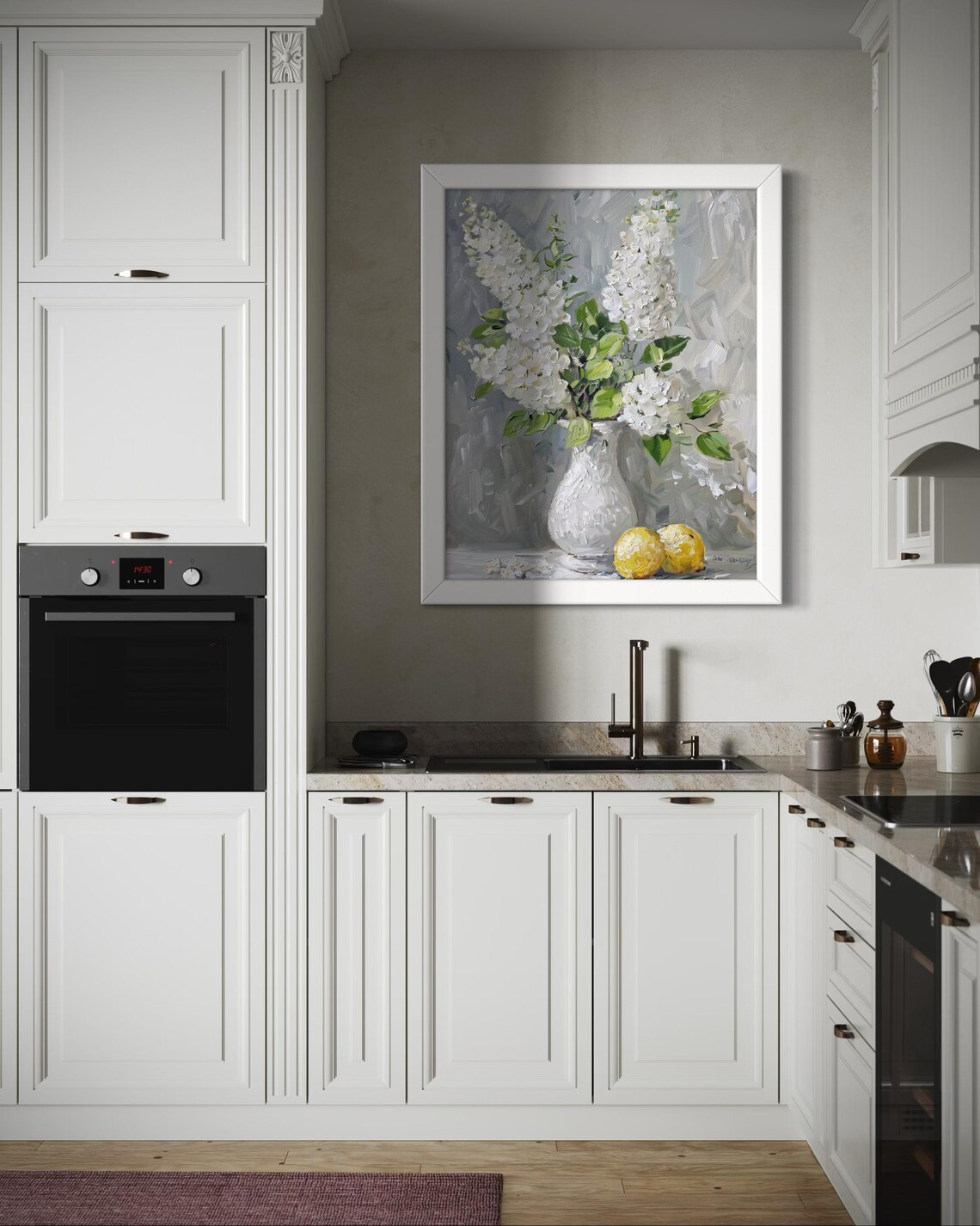White Floral Bouquet Vase Lemons Elegant Still Life Oil Poster - Image 7