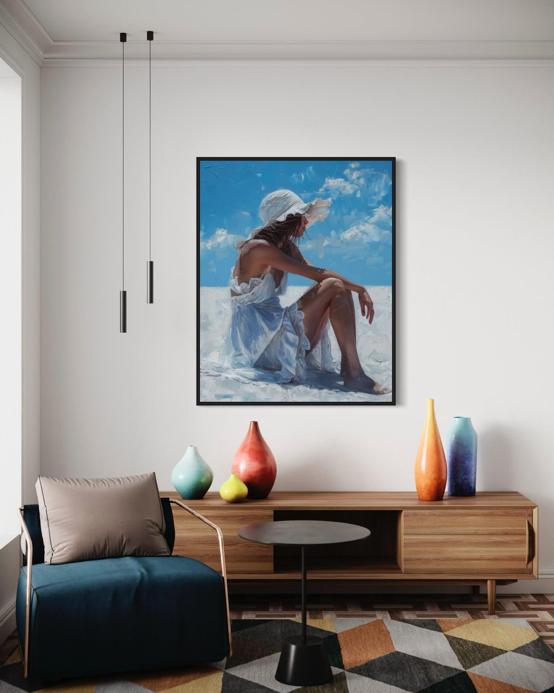 Elegant Woman Beach White Dress Sun Hat Summer Ocean Art Poster - Image 7