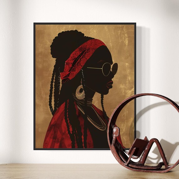 African Woman Profile Silhouette Red Headscarf On Gold Art Poster
