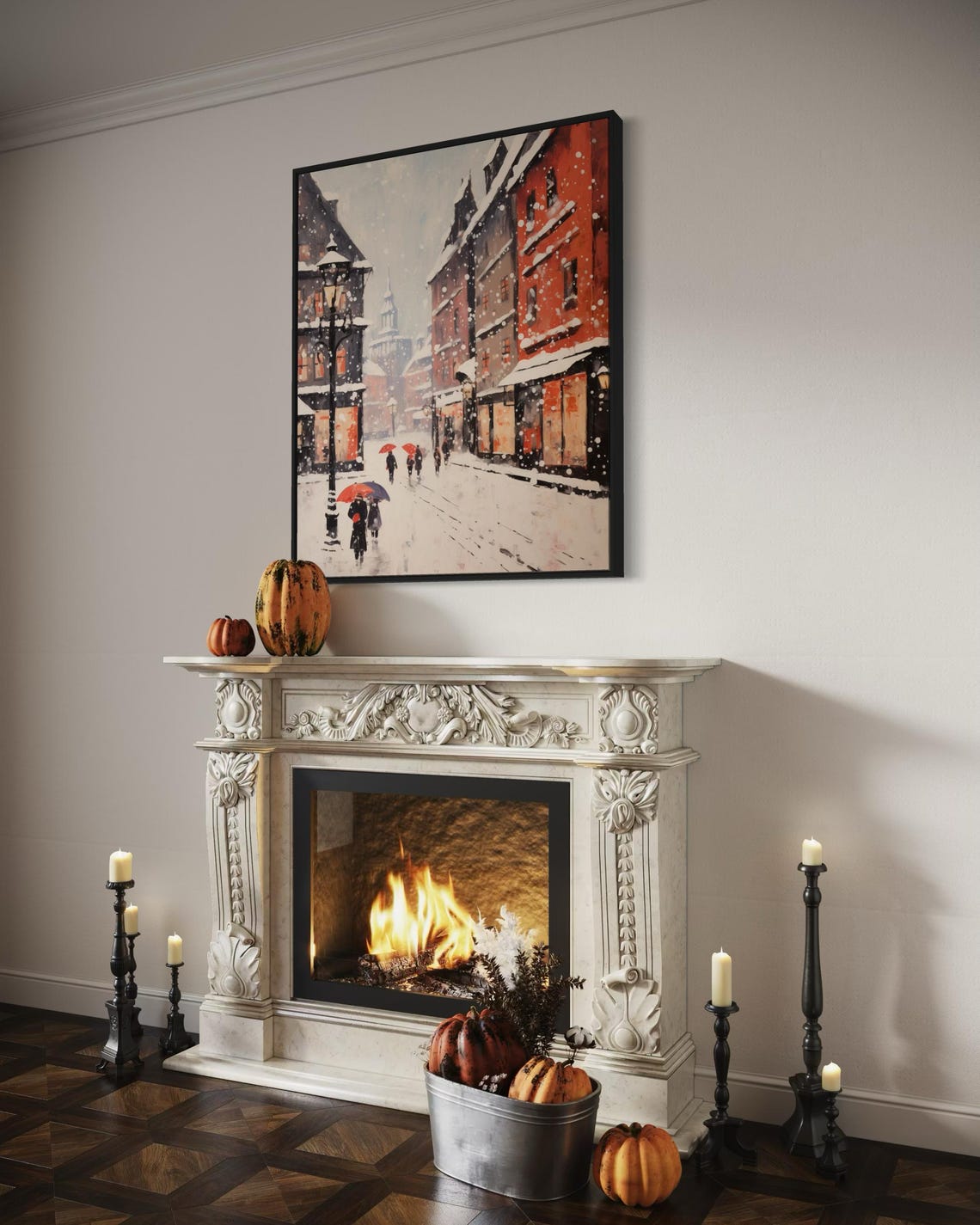 Snowy City Street Red Umbrellas Romantic Winter Scene Wall Poster - Image 6