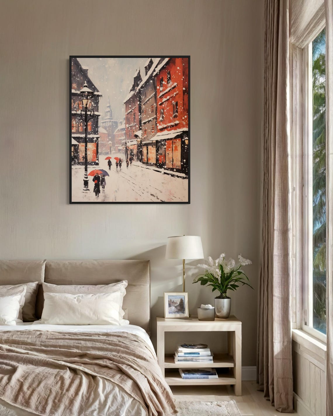 Snowy City Street Red Umbrellas Romantic Winter Scene Wall Poster - Image 4