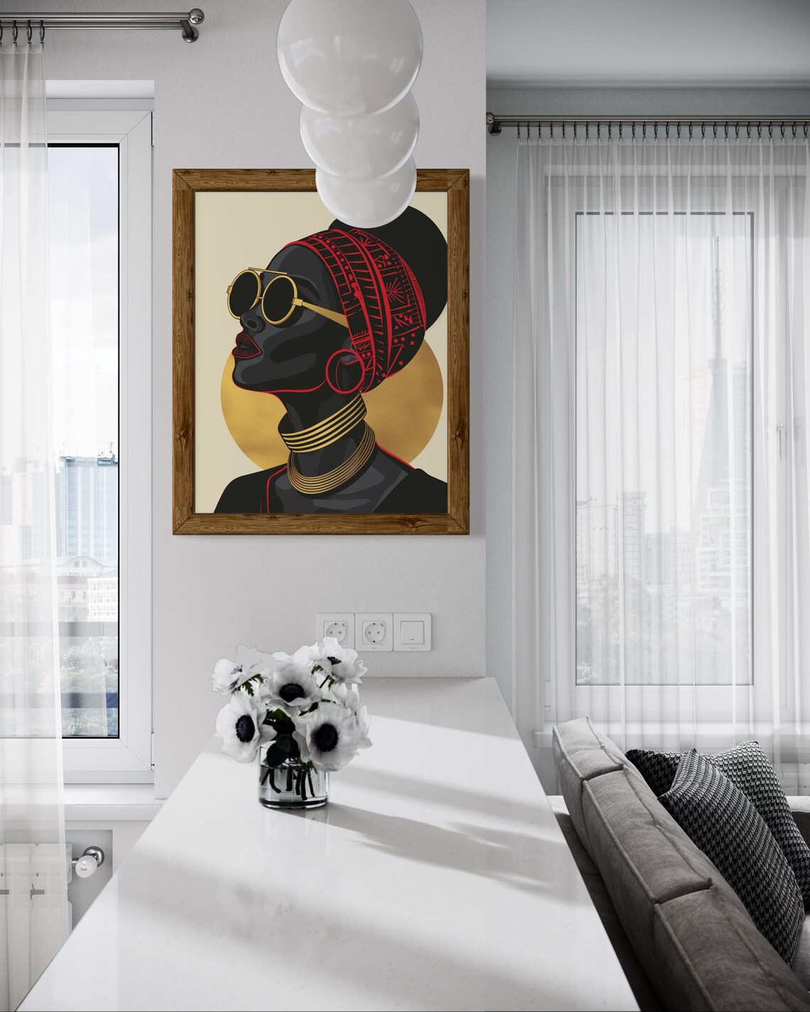 African Woman Red Headwrap Gold Sunglasses Bold Modern Portrait Poster - Image 4