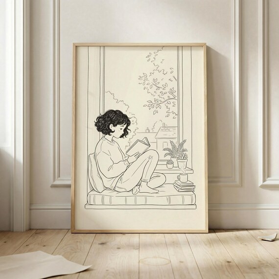 Girl Reading on a Cozy Window Seat Minimalist Line Art Poster