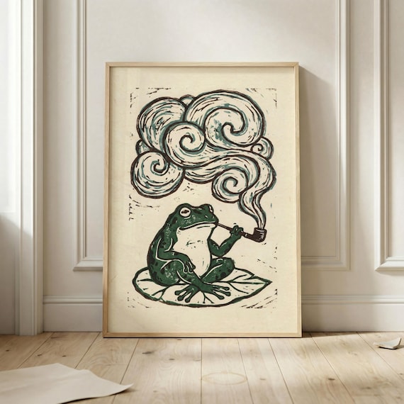 Frog Smoking Pipe On Lily Pad Teal Swirl Woodcut Style Poster