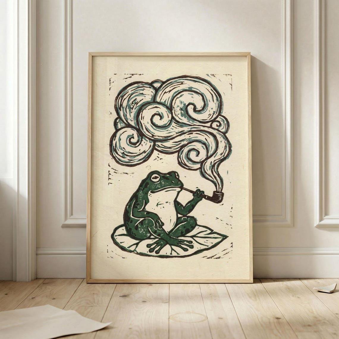 Frog Smoking Pipe On Lily Pad Teal Swirl Woodcut Style Poster