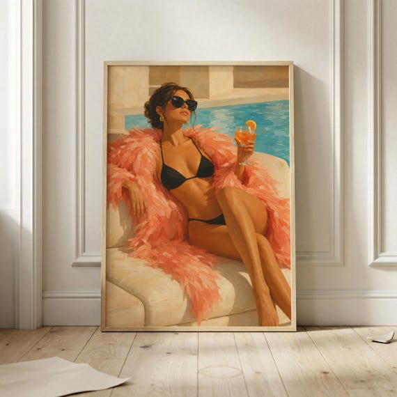 Poolside Glamour Poster Woman With Orange Cocktail Art Print Glam Coral Feather Robe Wall For Bedroom Bar Cart And Dressing Room