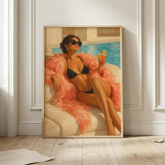 Poolside Glamour Woman Pink Feather Coat Cocktail Summer Poster