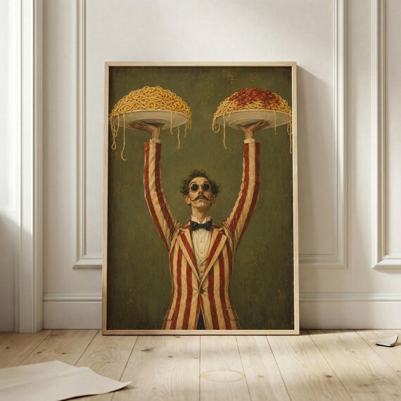 Surreal Spaghetti Waiter Poster, Retro Kitchen Art Print