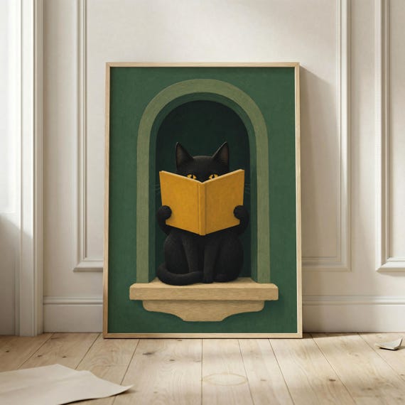 Black Cat Reading Book Poster Print, Nursery Decor