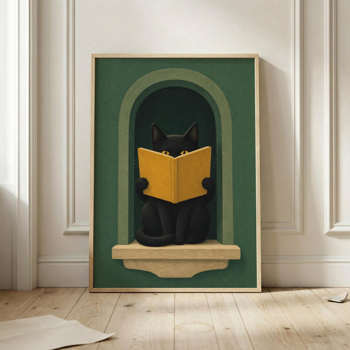 Black Cat Reading Book Poster Print, Nursery Decor