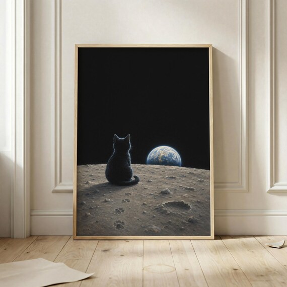 Cat Moon Wall Art Print Cosmic Poster Space Artwork Celestial Animal Decor Landscape Lover Gift