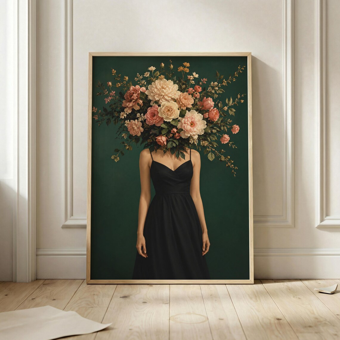 Flower Head Woman Black Dress Botanical Surreal Floral Art Poster