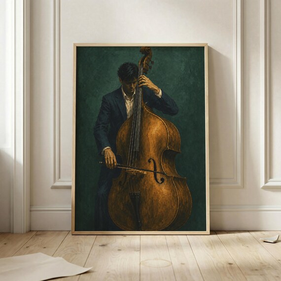 Double Bass Player Wall Art Jazz Musician Poster Upright Artwork Classical Music Decor Moody Vintage Painting Room