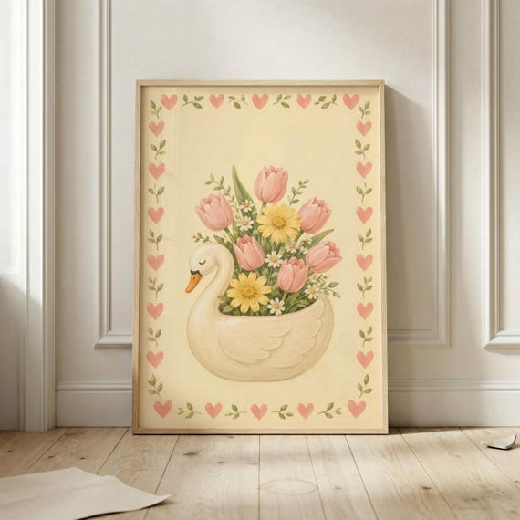 Swan Wall Art Print Cottagecore Floral Poster Romantic Bird Artwork Vintage Nursery Decor Pink Tulip Home