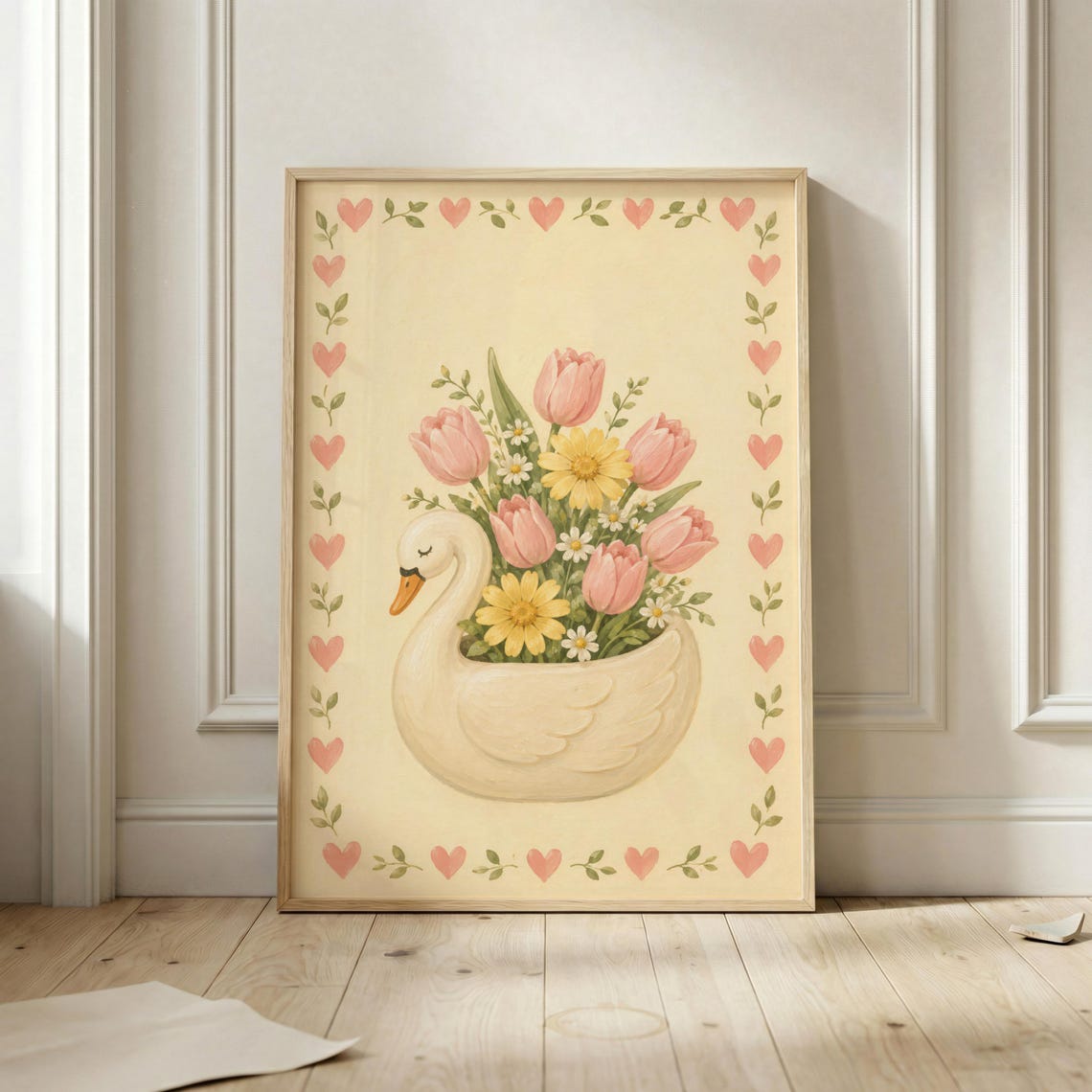 White Swan Vase Filled With Tulips Daisy Floral Nursery Poster