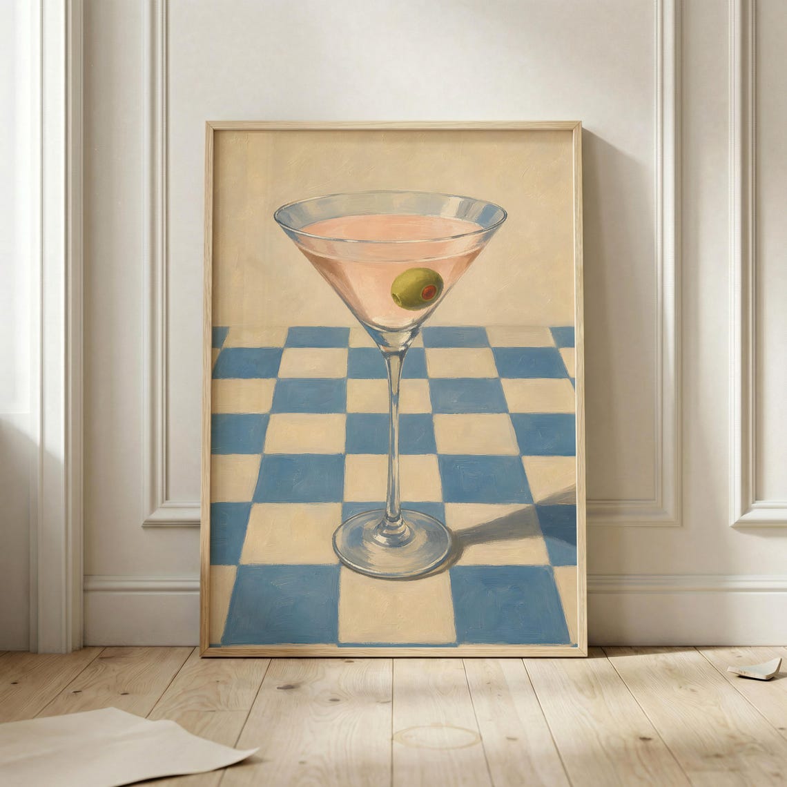 Classic Martini Glass With Olive On Blue Checkered Table Art Poster