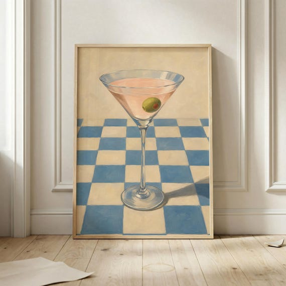 Pink Martini Art Print Retro Cocktail Poster Vintage Glass Oil Painting Blue Checkerboard Kitchen Wall