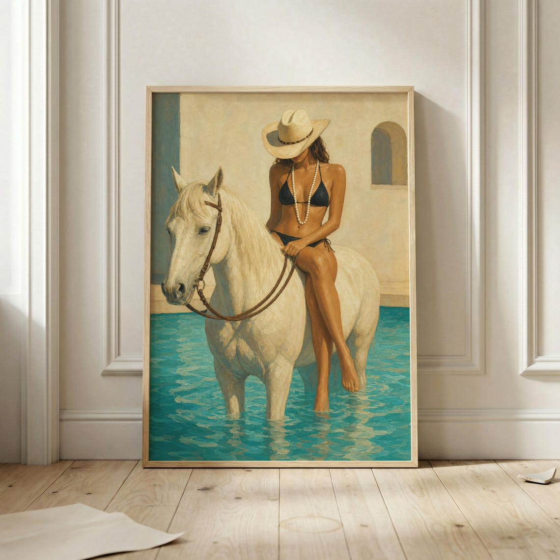 Poolside Cowgirl White Horse Turquoise Water Chic Western Poster