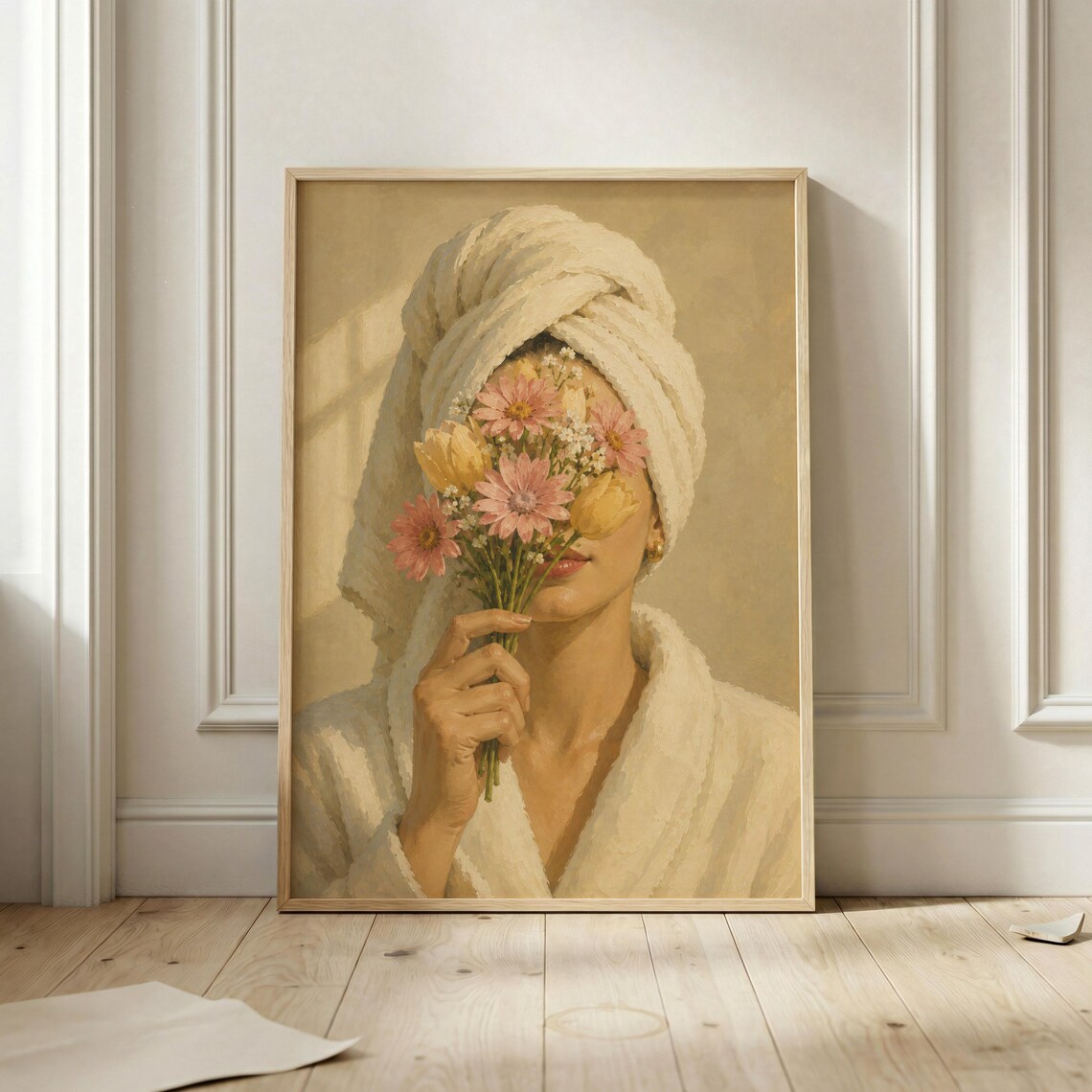 Woman In Bathrobe Holding Flower Bouquet Over Face Cozy Bathroom Poster