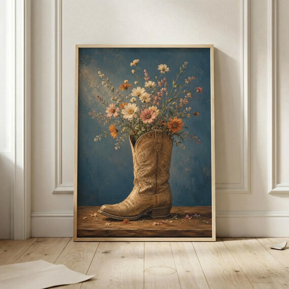 Cowboy Boot Wildflower Bouquet Rustic Western Floral Still Life Poster