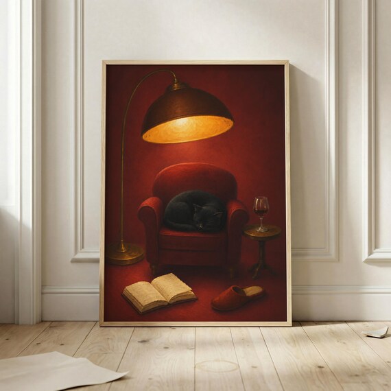 Black Cat Poster Cozy Library Wall Art Reading Nook Decor Dark Academia Print Literary Home Artwork Vintage Lover Gift