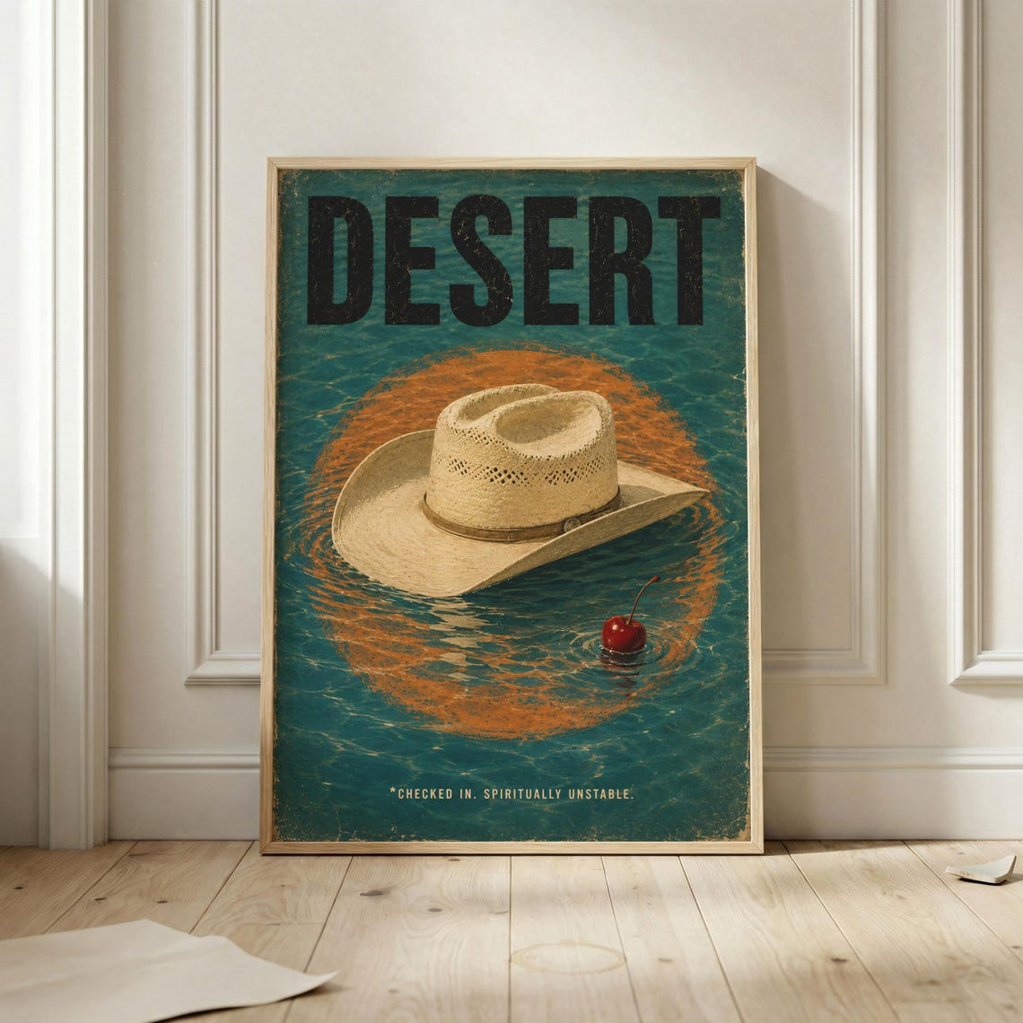 Desert Floating Straw Cowboy Hat Cherry Surreal Western Humor Poster