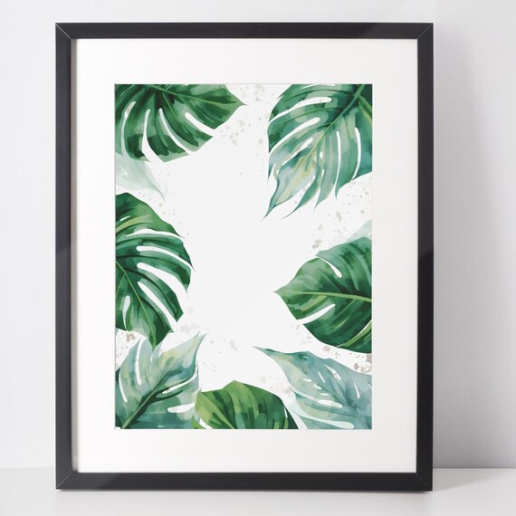 Monstera Leaves Watercolor Border Tropical Botanical Wall Art