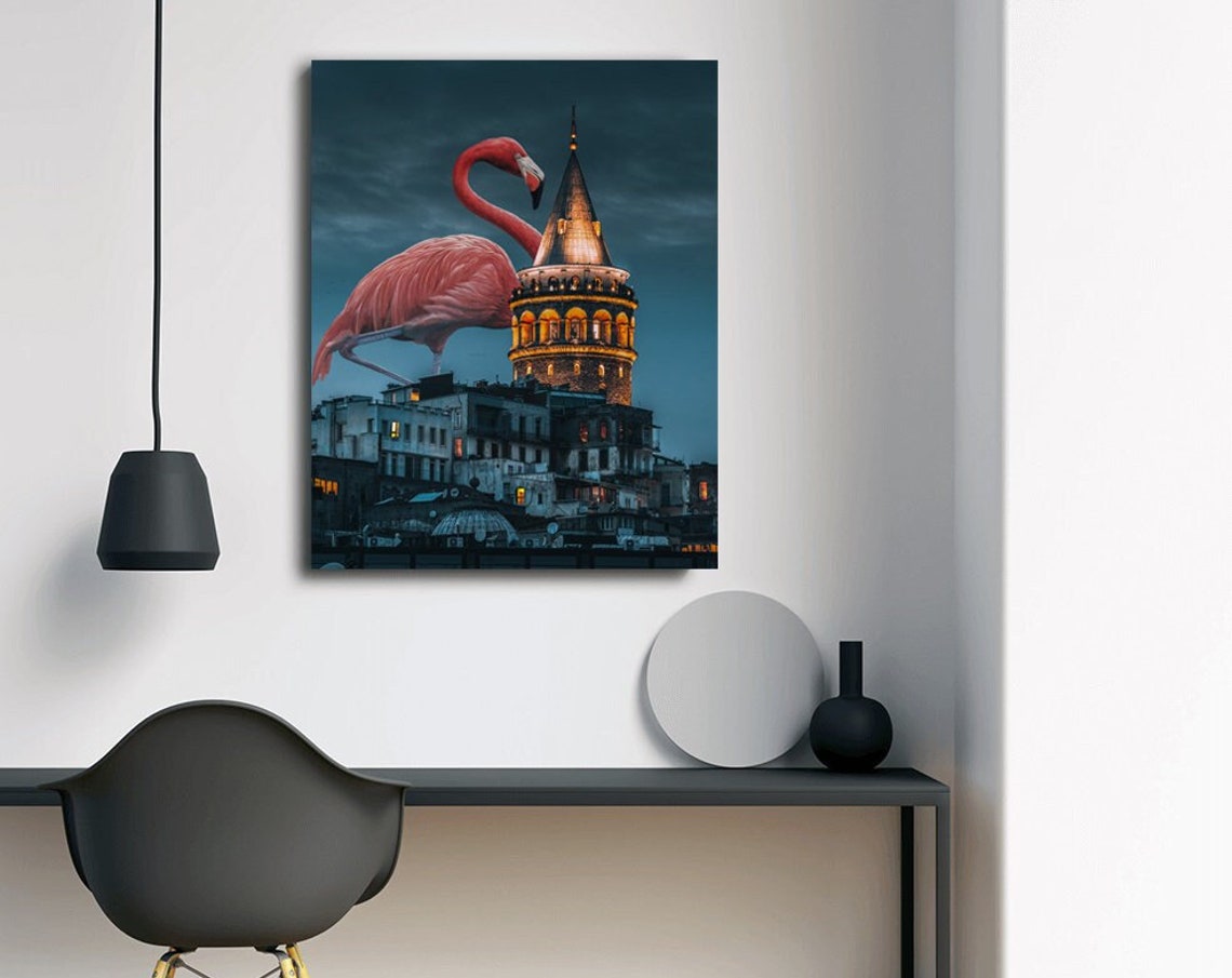 Istanbul Galata Tower Night Lights Pink Flamingo Surreal Travel Poster