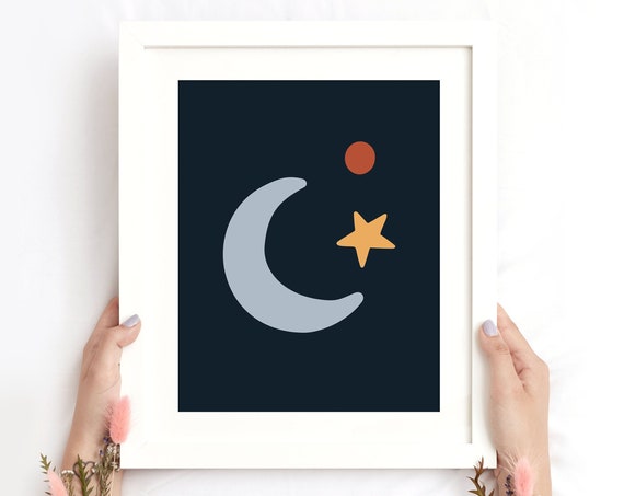 Moon Star Nursery Print Night Sky Nursery Decor Kids Room Decor Cute Boho Print Nursery Wall Art Instant