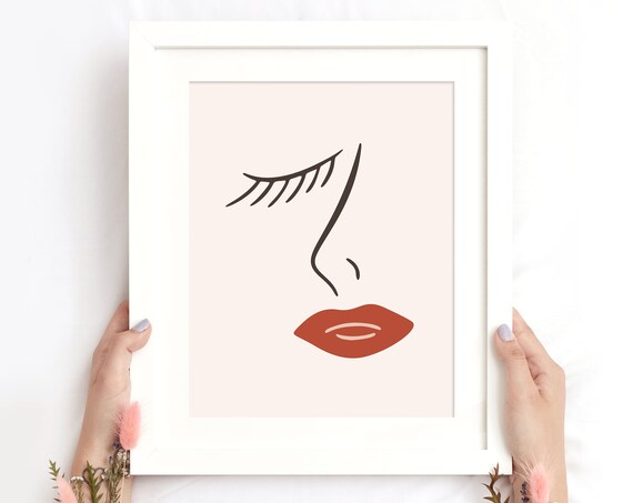 Minimalist Female Face Line Art Red Lips Closed Eye Pink Poster
