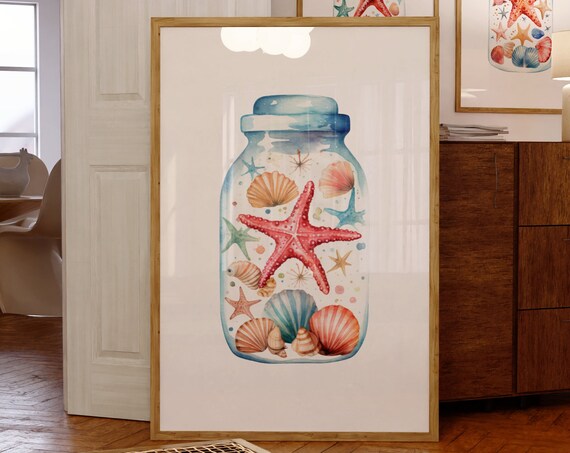 Watercolor Coral Starfish And Shells In Wide Mason Jar Poster