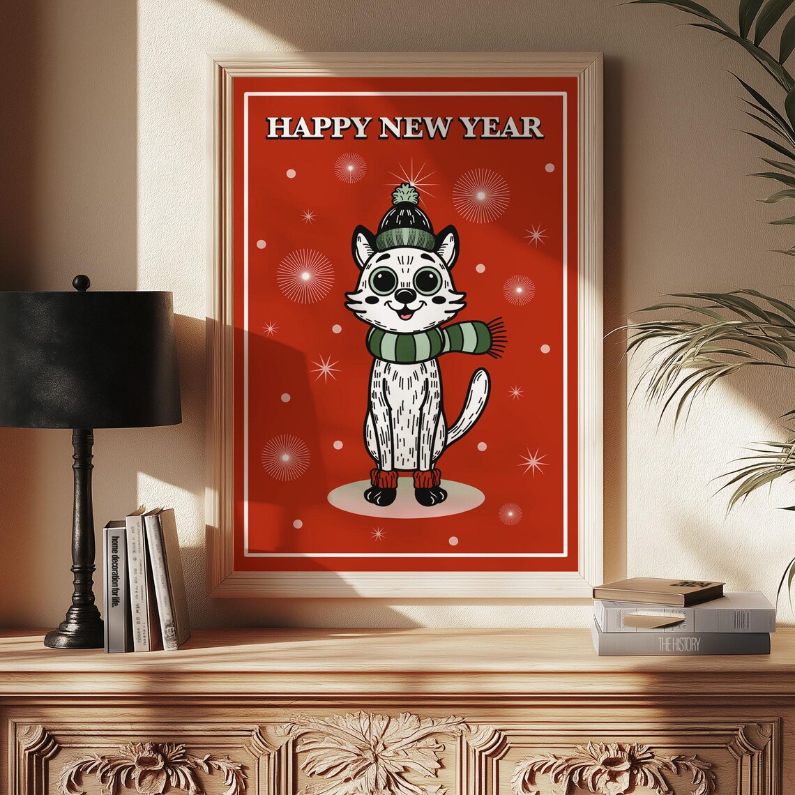 Christmas Cat Wall Art Print, Holiday Home Decor