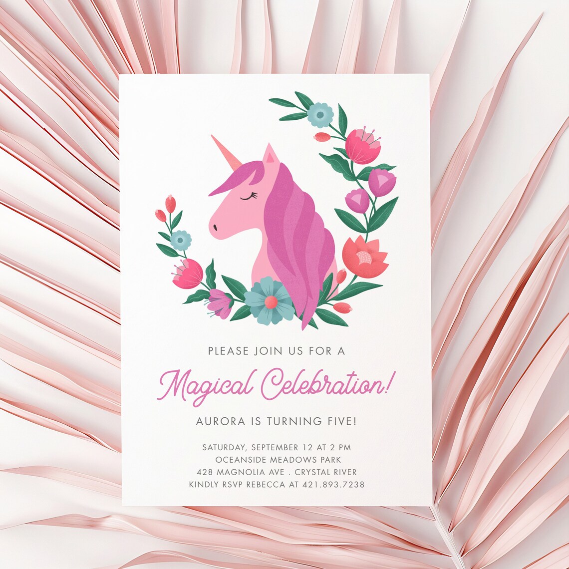 Magical Pink Unicorn Floral Wreath Fifth Birthday Invitation Print - Image 3